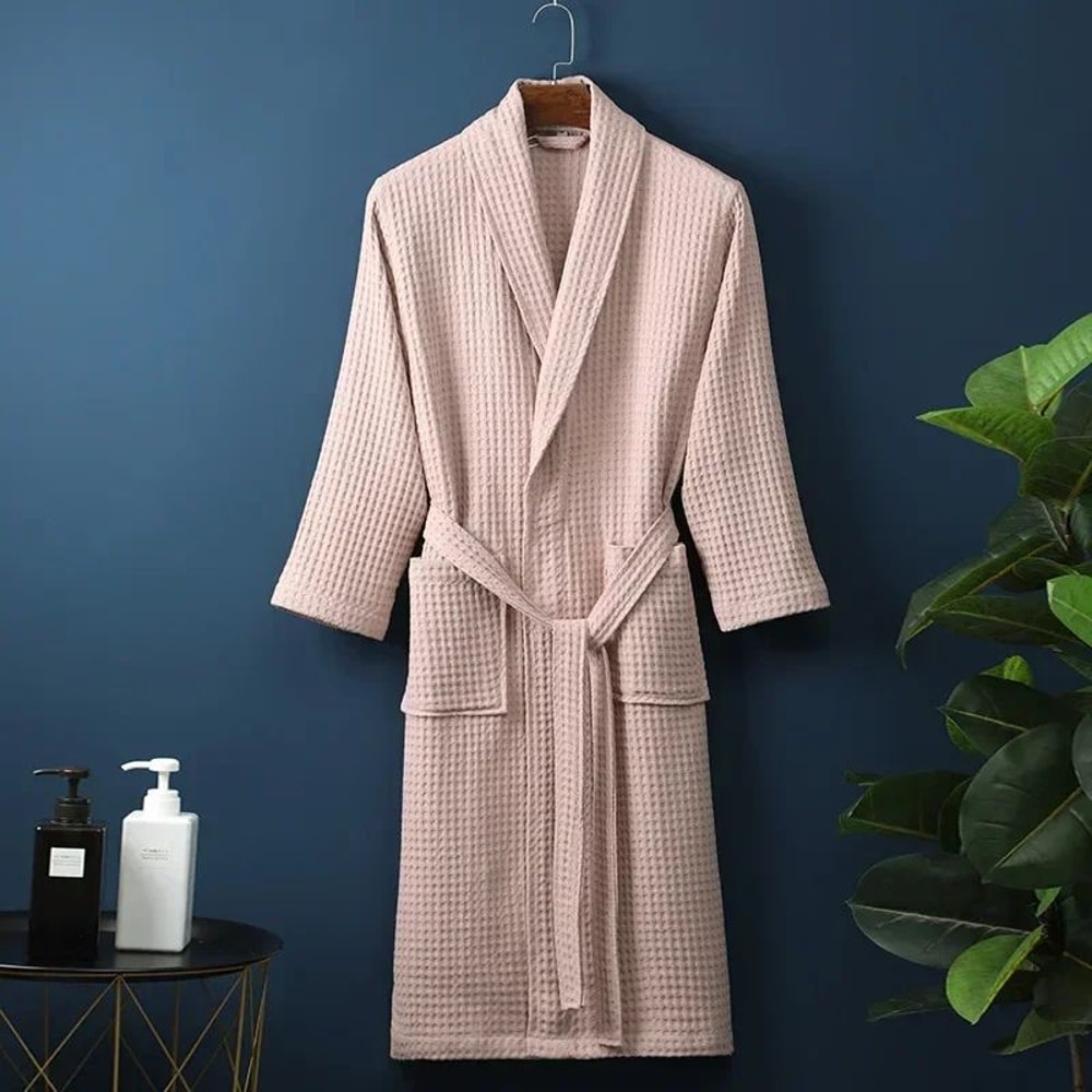 Couple Cotton Terry Waffle Bathrobe Lightweight Long Sleeve Spa Hotel Lounge Robe 11