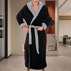 men's hooded flannel bathrobe soft plush long lounge robe thick warm home sleepwear