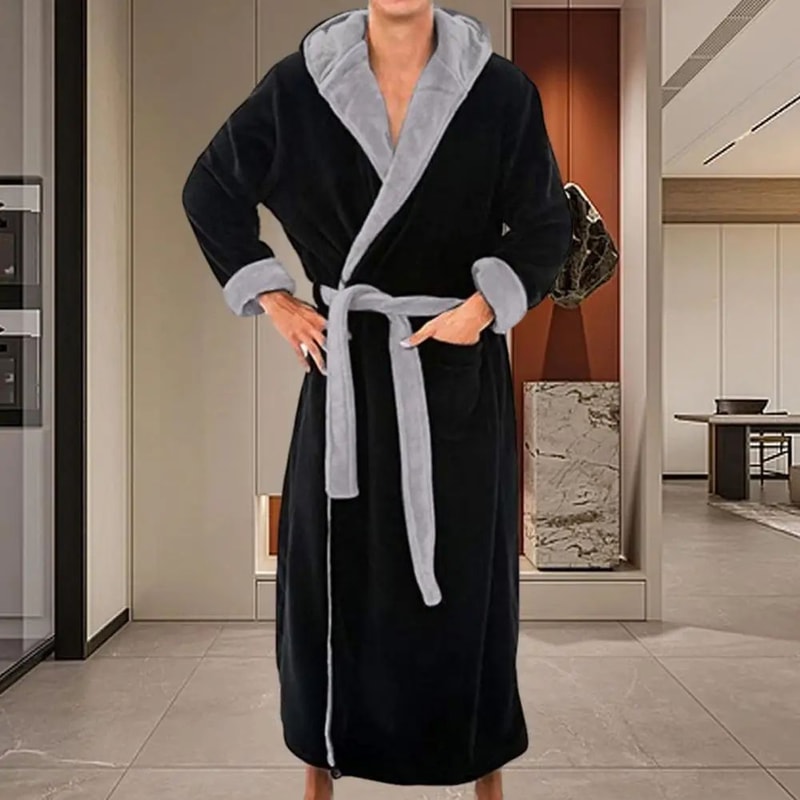 Mens Hooded Flannel Bathrobe Soft Plush Long Lounge Robe Thick Warm Home Sleepwear 0