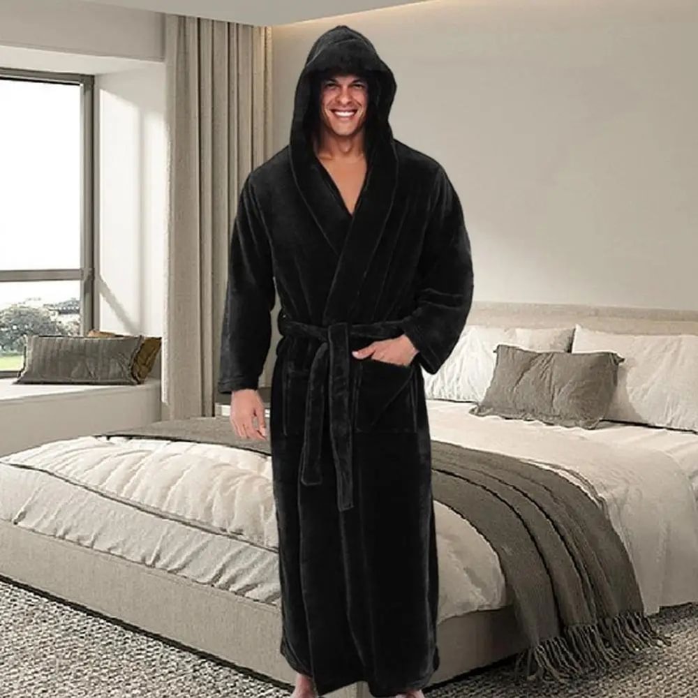 Mens Hooded Flannel Bathrobe Soft Plush Long Lounge Robe Thick Warm Home Sleepwear 3