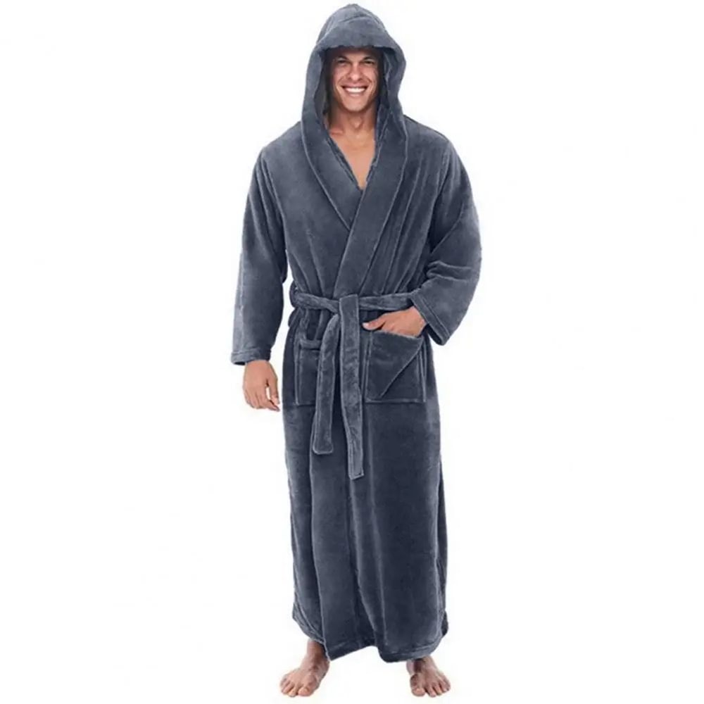 Mens Hooded Flannel Bathrobe Soft Plush Long Lounge Robe Thick Warm Home Sleepwear 6