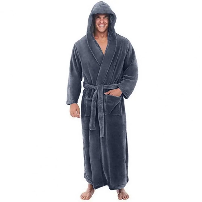 Mens Hooded Flannel Bathrobe Soft Plush Long Lounge Robe Thick Warm Home Sleepwear 6