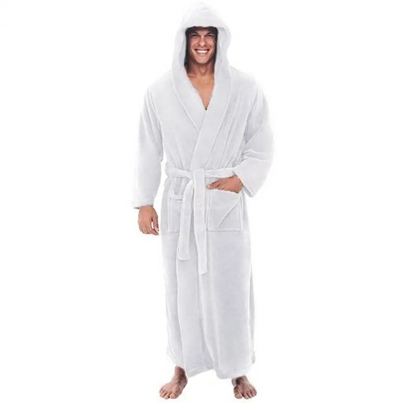 Mens Hooded Flannel Bathrobe Soft Plush Long Lounge Robe Thick Warm Home Sleepwear 8