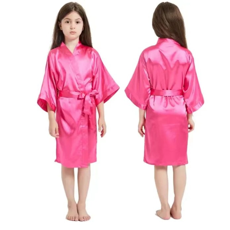 Girls Pink Satin Silk Kimono Robe Kids Short Sleeve Bathrobe Summer Sleepwear Party Dress 0