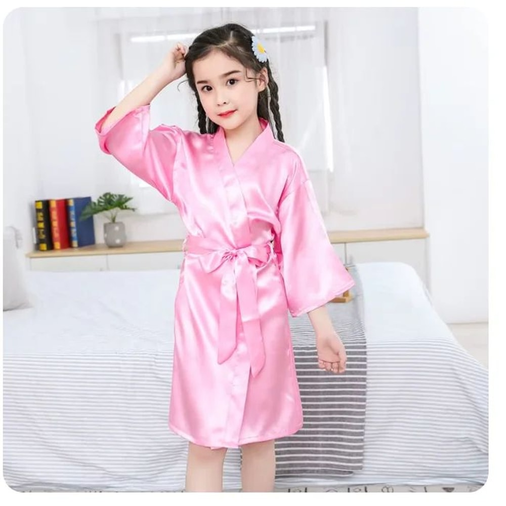 Girls Pink Satin Silk Kimono Robe Kids Short Sleeve Bathrobe Summer Sleepwear Party Dress 3