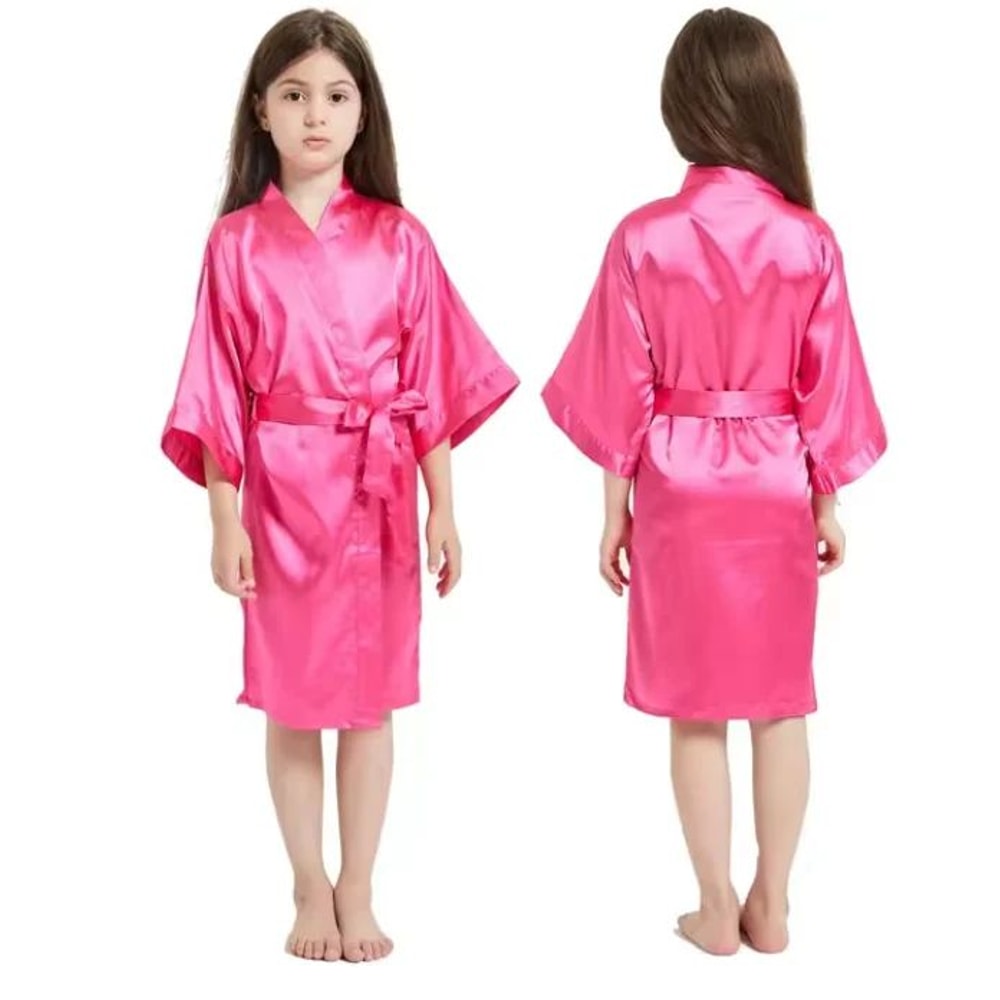 Girls Pink Satin Silk Kimono Robe Kids Short Sleeve Bathrobe Summer Sleepwear Party Dress 4
