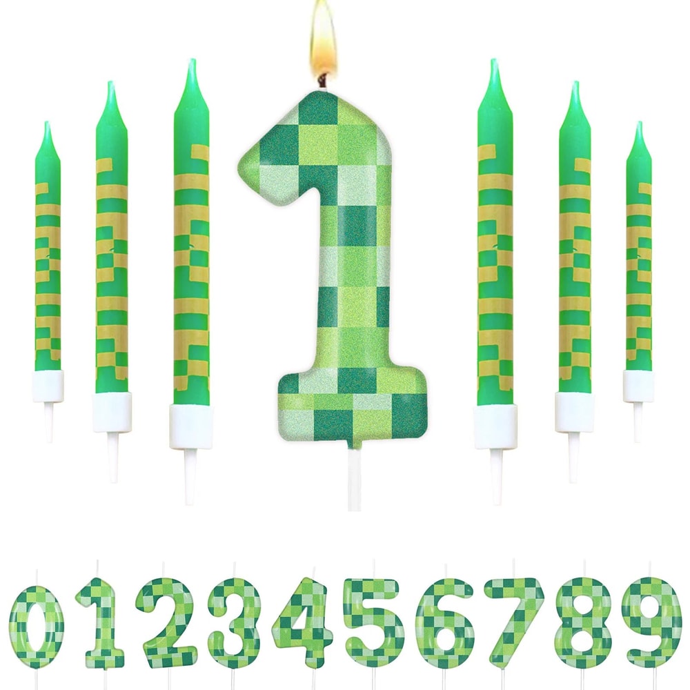 7pcs Pixel Game Theme Number Birthday Candles Set Green My World Cake Topper 09 Digital Party Candl 0