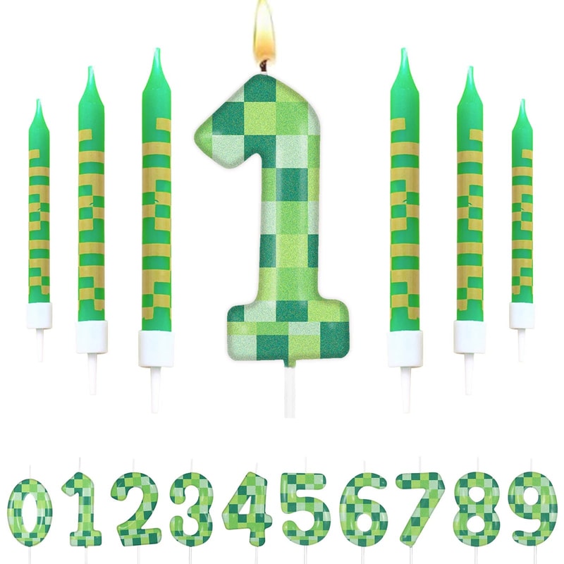 7pcs Pixel Game Theme Number Birthday Candles Set Green My World Cake Topper 09 Digital Party Candl 0