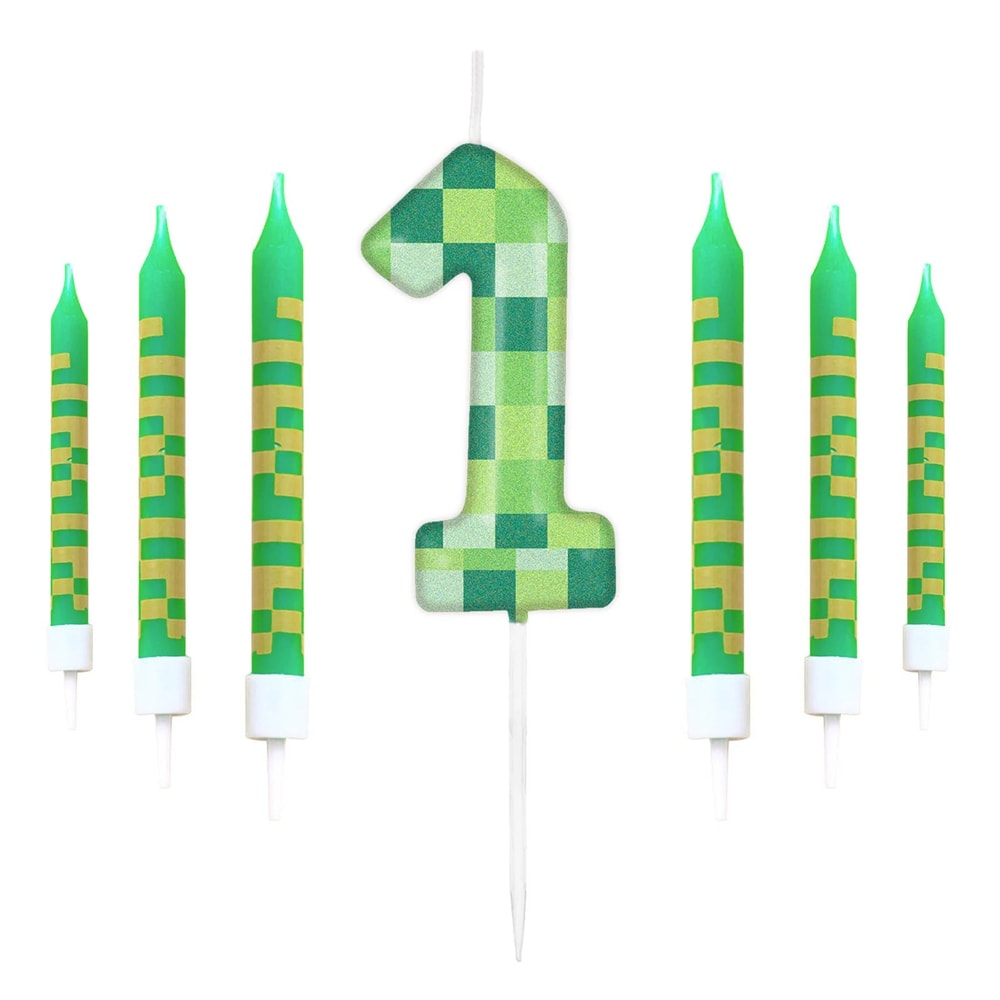 7pcs Pixel Game Theme Number Birthday Candles Set Green My World Cake Topper 09 Digital Party Candl 7