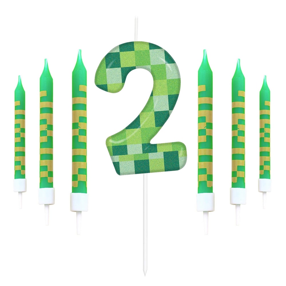 7pcs Pixel Game Theme Number Birthday Candles Set Green My World Cake Topper 09 Digital Party Candl 8
