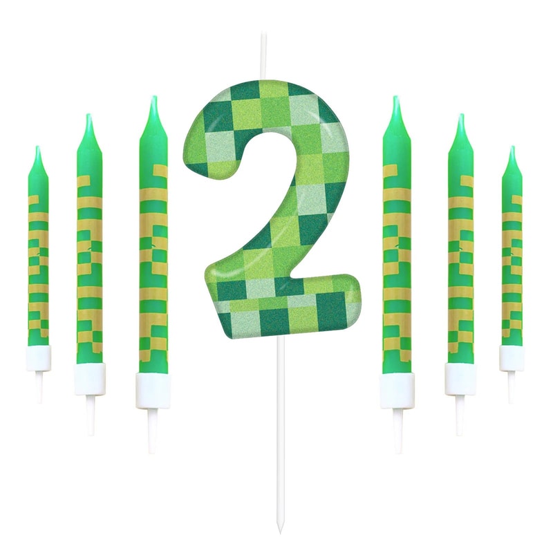 7pcs Pixel Game Theme Number Birthday Candles Set Green My World Cake Topper 09 Digital Party Candl 8