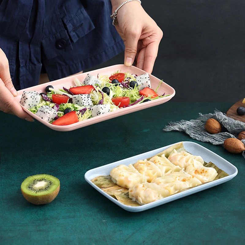 4Piece Wheat Straw Rectangle Plates Set EcoFriendly Reusable Dessert Salad Plates Microwave Safe 1