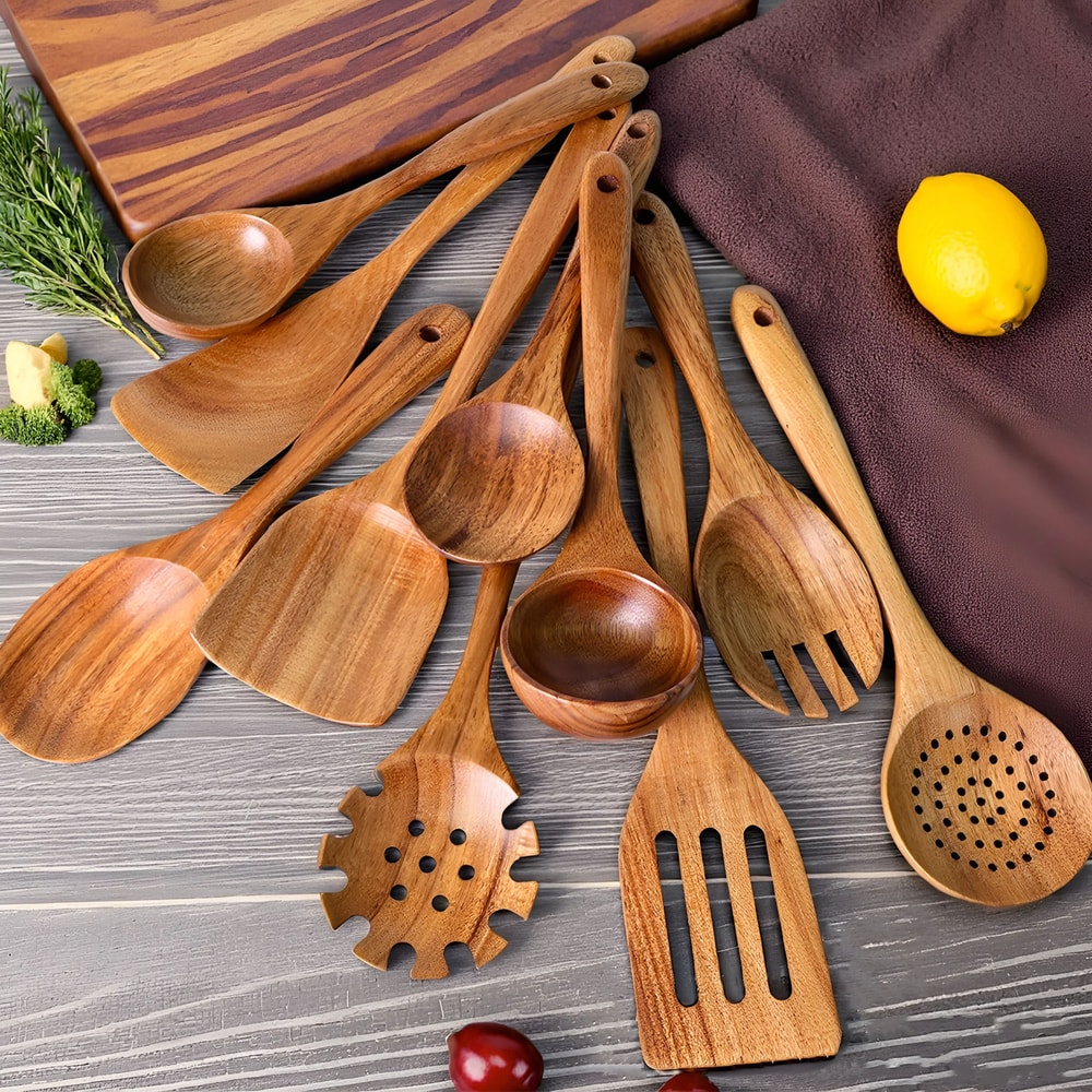 10Piece Wooden Kitchen Utensils Set Natural Cooking Spoons Tools For NonStick Cookware 4