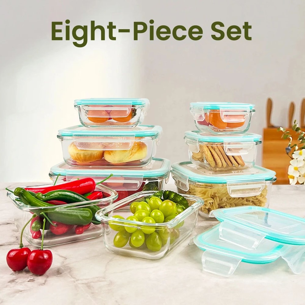8Piece Glass Food Storage Containers Set Airtight Leakproof Lunch Boxes Microwave Oven Safe Meal 1