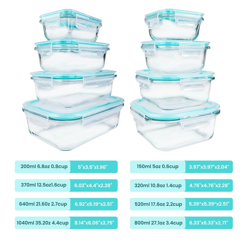 8Piece Glass Food Storage Containers Set Airtight Leakproof Lunch Boxes Microwave Oven Safe Meal 5