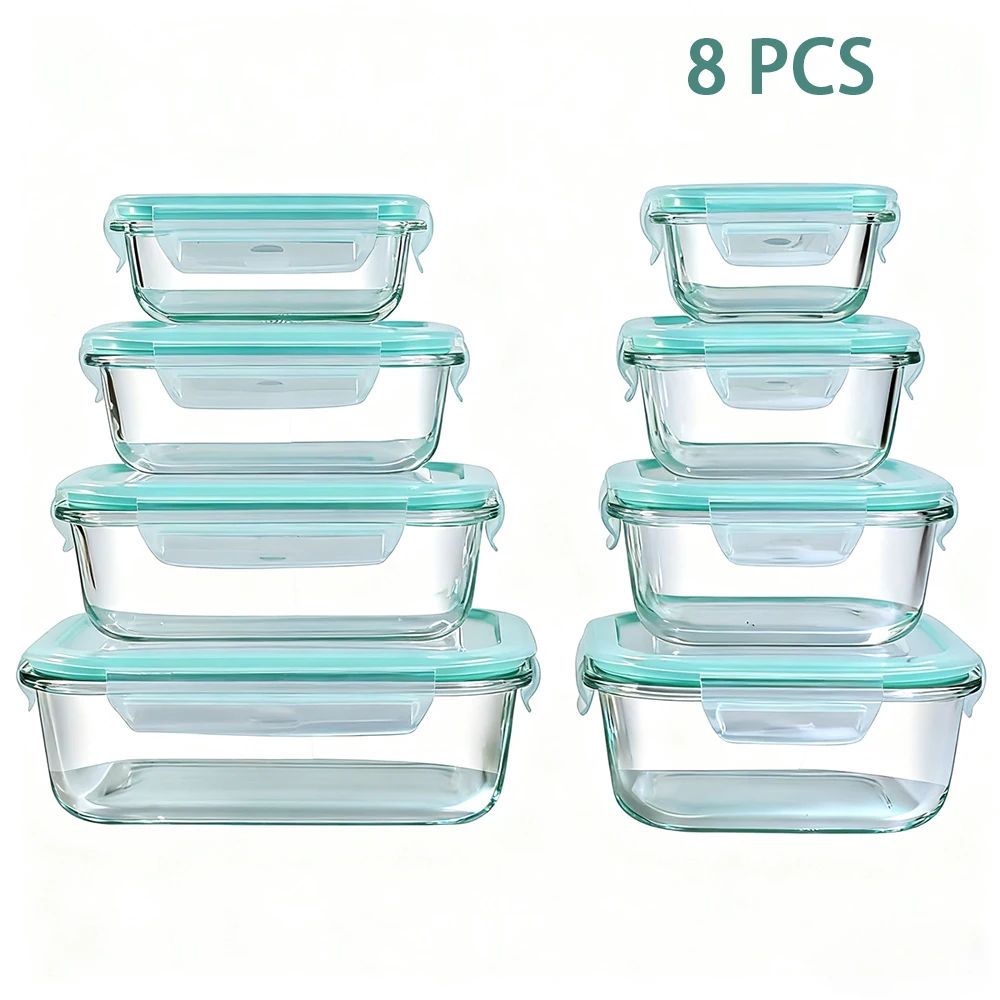 8Piece Glass Food Storage Containers Set Airtight Leakproof Lunch Boxes Microwave Oven Safe Meal 6