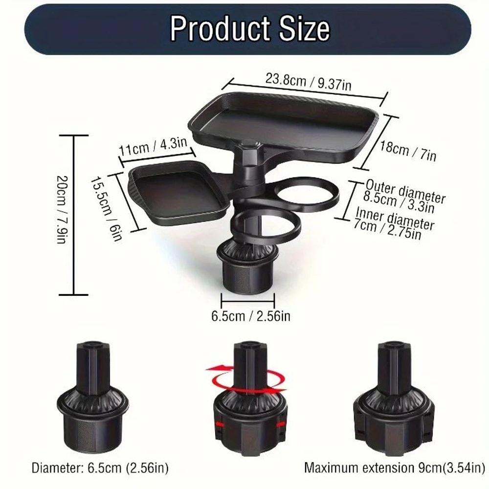 3in1 Car Cup Holder Tray Expandable Rotating Food Table With 360 Adjustable Base 5