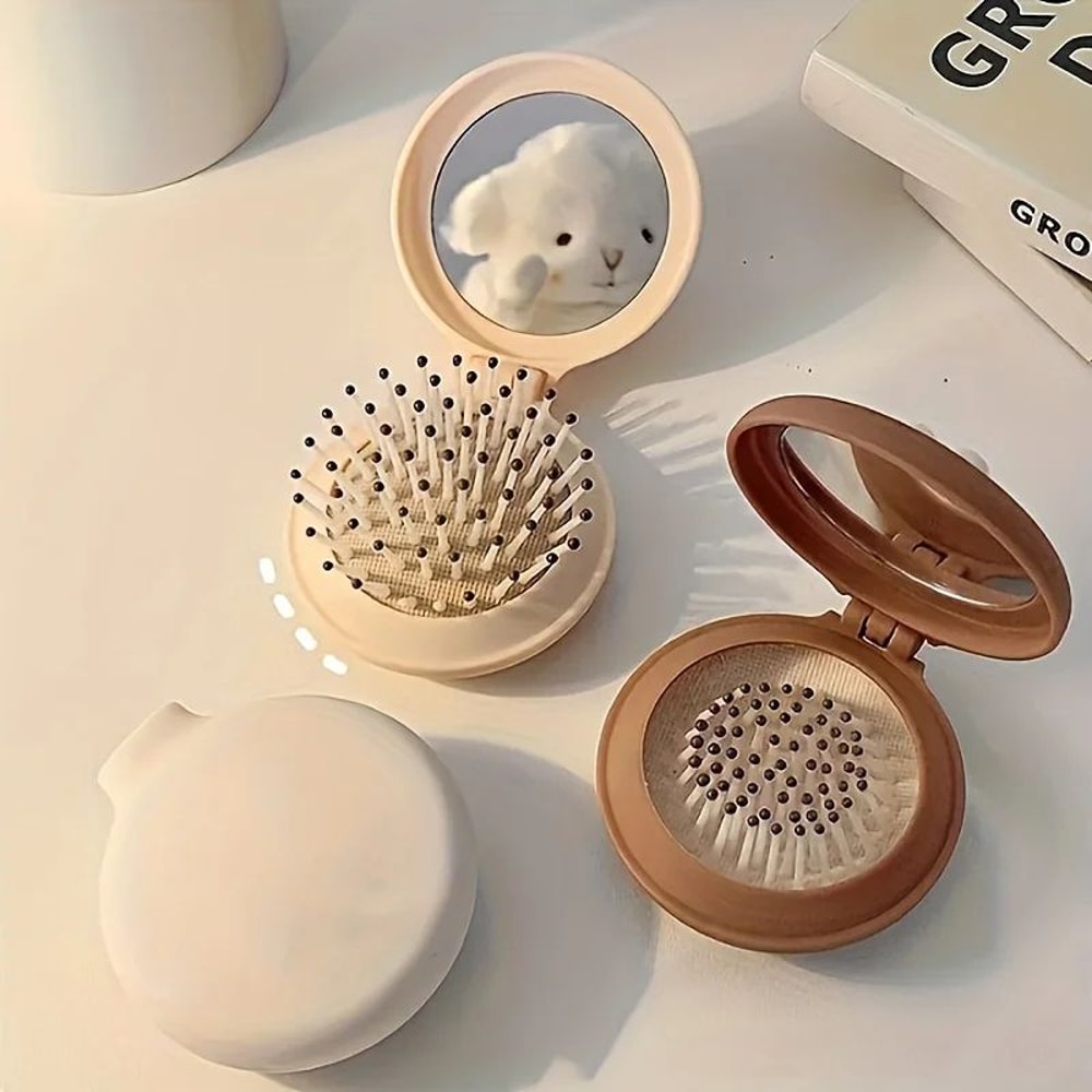 Mini Folding Travel Hair Brush With Mirror Portable Compact Dual Fold Styling Brush For Women 2