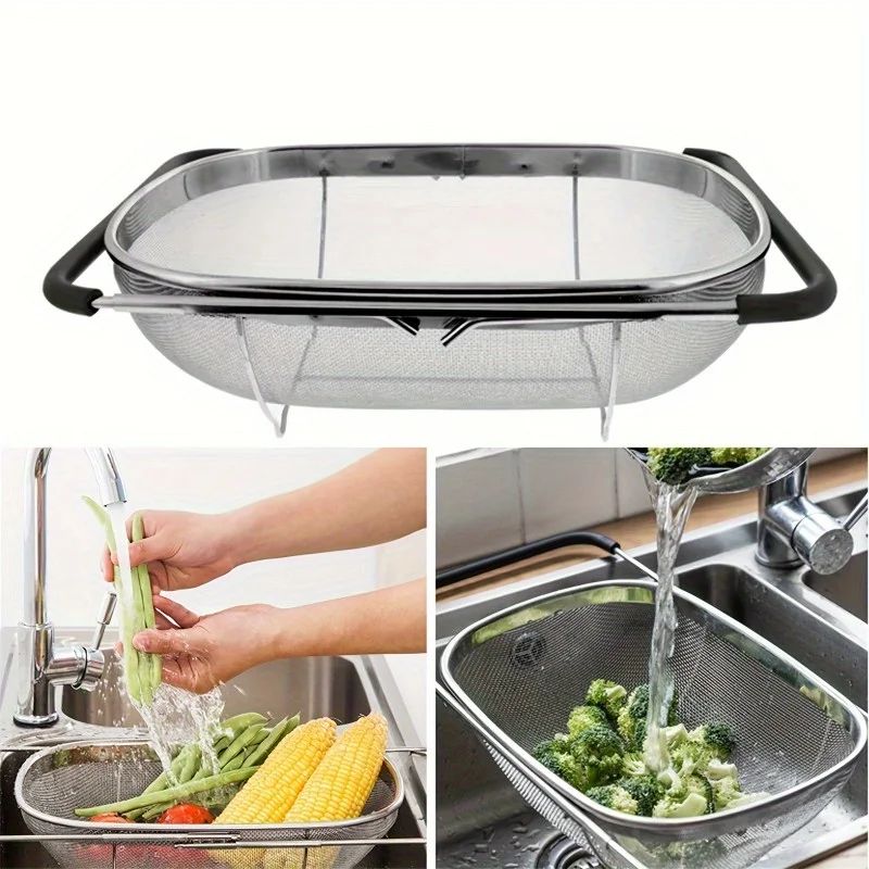 Adjustable Stainless Steel OvertheSink Colander Basket Expandable Mesh Strainer For FruitsVegetabl 0