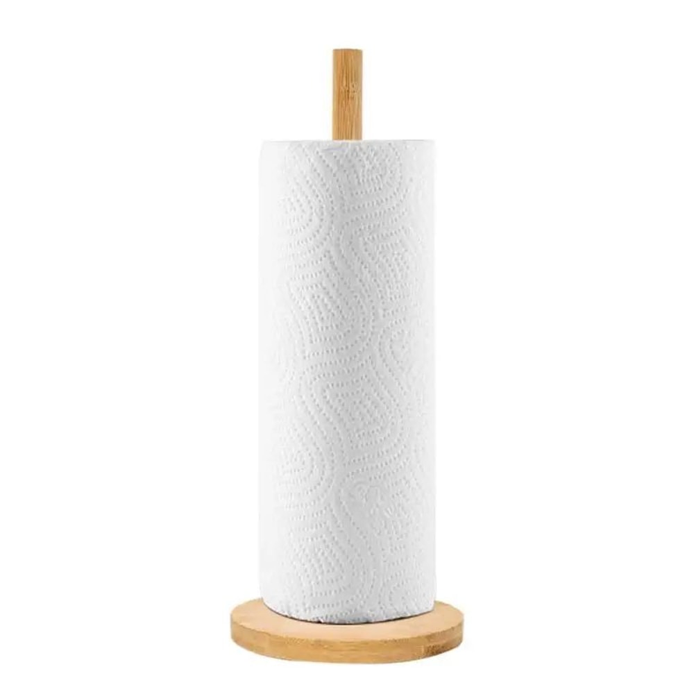 Natural Bamboo Paper Towel Holder Stand Vertical Kitchen Bathroom Tissue Roll Organizer With NonS 4
