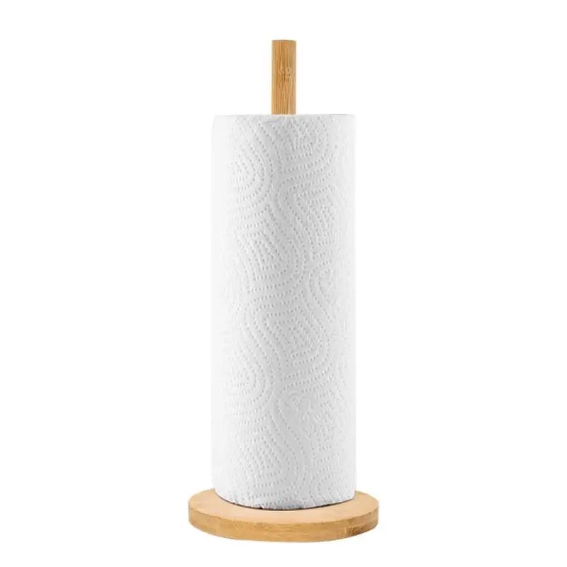Natural Bamboo Paper Towel Holder Stand Vertical Kitchen Bathroom Tissue Roll Organizer With NonS 4