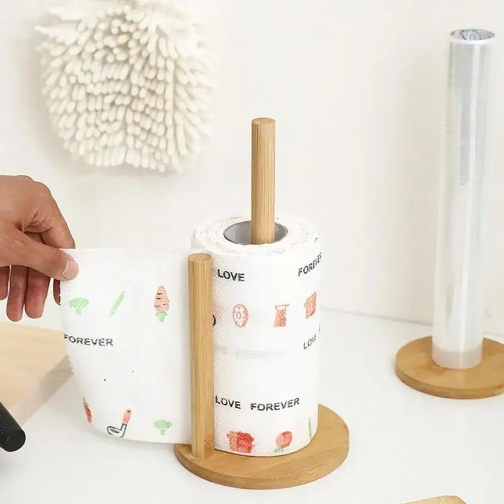 Natural Bamboo Paper Towel Holder Stand Vertical Kitchen Bathroom Tissue Roll Organizer With NonS 3