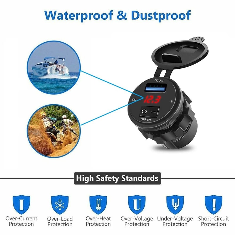QC30 Dual USB Car Charger Socket With Voltmeter Waterproof Fast Charging 12V 24V Power Outlet 3