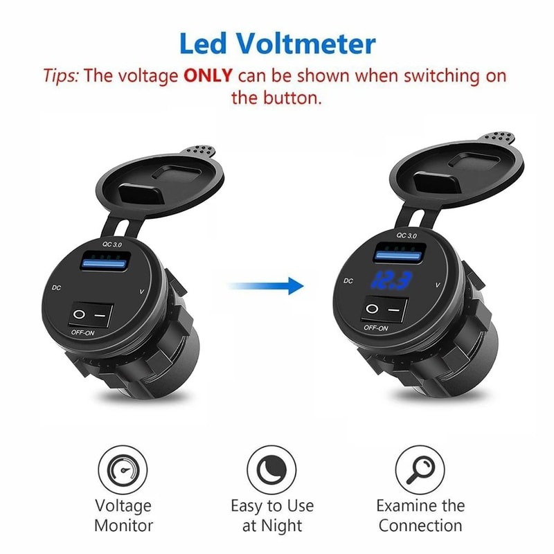 QC30 Dual USB Car Charger Socket With Voltmeter Waterproof Fast Charging 12V 24V Power Outlet 5