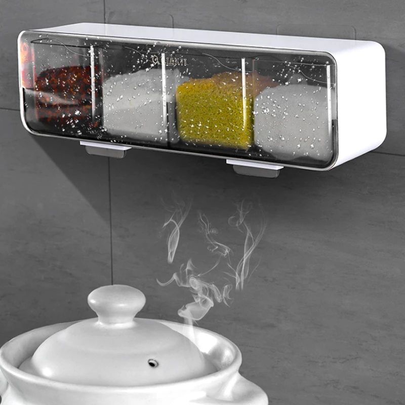 WallMounted Spice Organizer Box With Spoon NoDrill Seasoning Storage Rack Kitchen Gadget 3