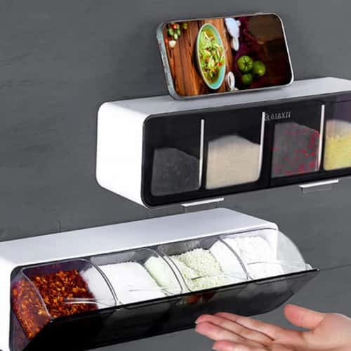 Wall-Mounted Spice Organizer Box with Spoon – No-Drill Seasoning Storage Rack Kitchen Gadget