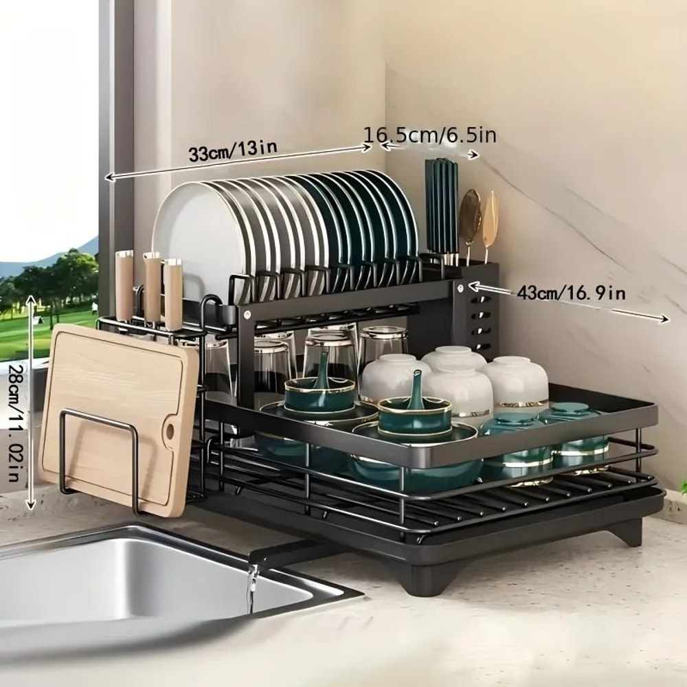 DoubleTier Extendable Dish Drainer Rack With Large Capacity Drying Board For Kitchen Countertop 5