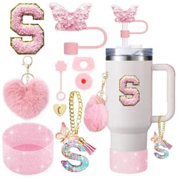 9pcs stanley cup accessories set – silicone boot, butterfly straw cover, spill-proof stopper & initial charm kit