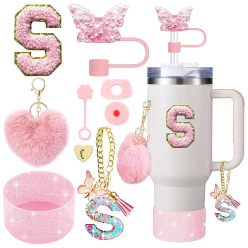9pcs Stanley Cup Accessories Set – Silicone Boot, Butterfly Straw Cover, Spill-Proof Stopper & Initial Charm Kit