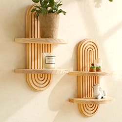 boho geometric wooden wall shelves – natural wood floating display shelves for plants & home decor