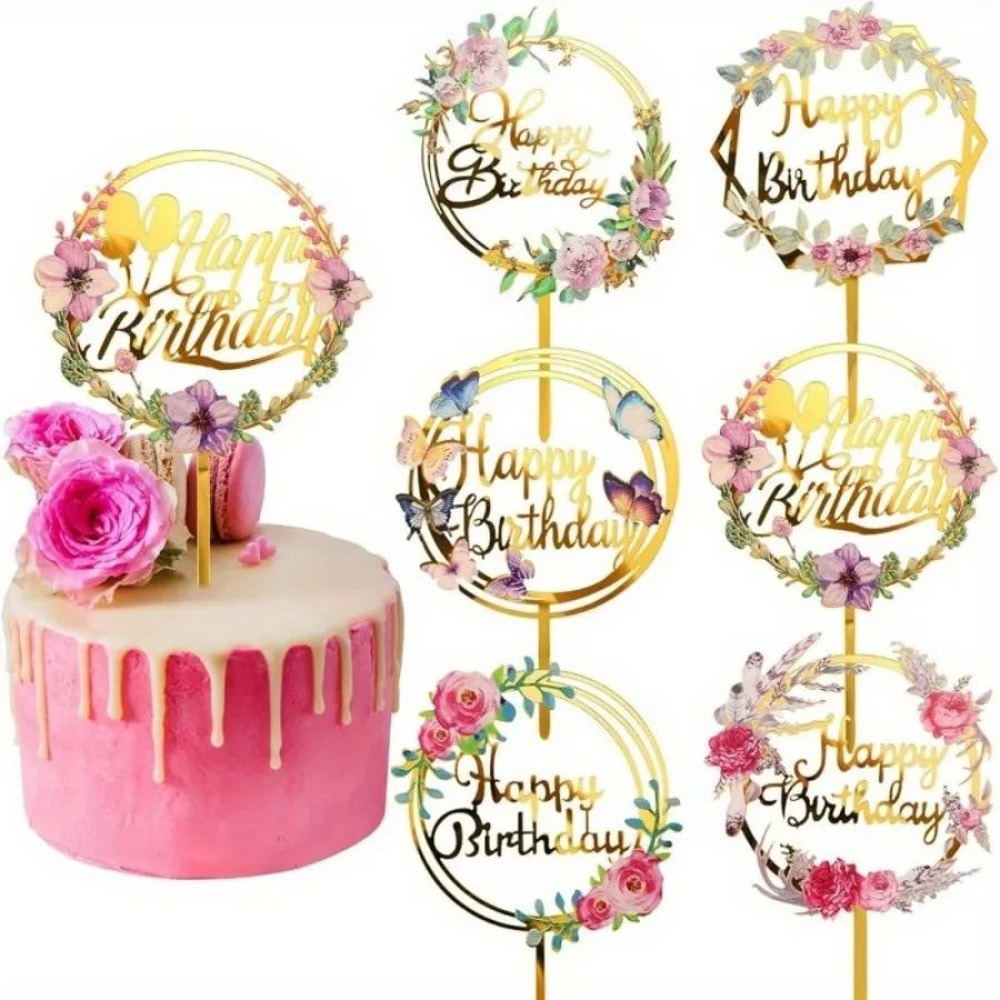 Gold Happy Birthday Cake Topper Acrylic Flower Cupcake Party Decoration 0