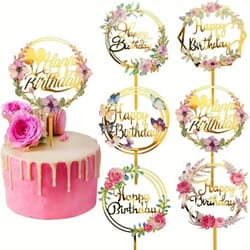 gold happy birthday cake topper – acrylic flower cupcake & party decoration