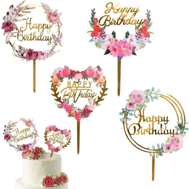 Gold Happy Birthday Cake Topper Acrylic Flower Cupcake Party Decoration 6