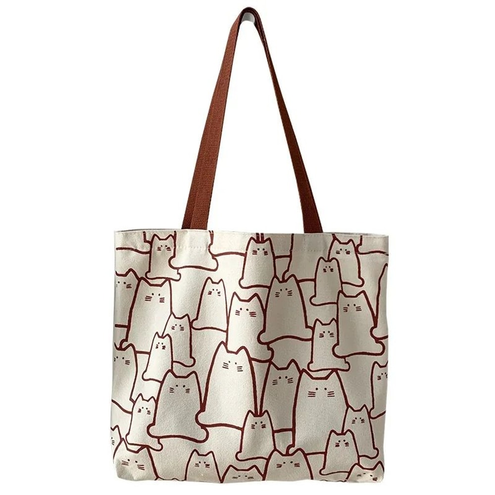 Cute Cat Canvas Tote Bag Japanese Cartoon Shoulder Shopper Handbag For Women With Zipper 2