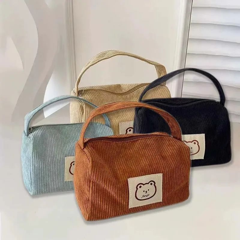 Womens Plush Cosmetic Bag Large Capacity Corduroy Makeup Organizer Handbag With Zipper 5