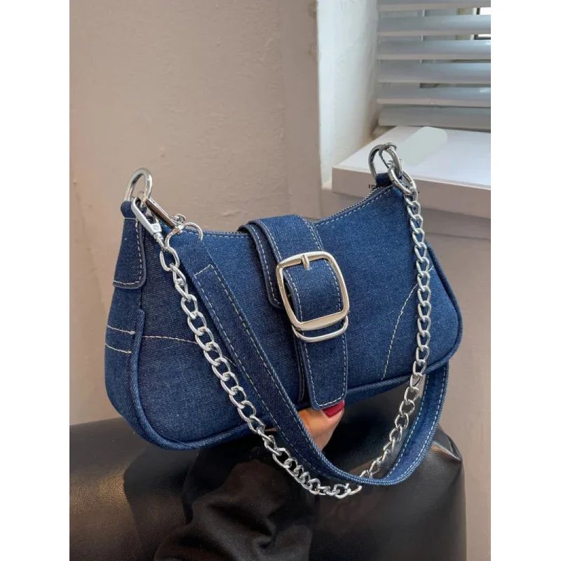 RetroChic Y2K Denim Baguette Shoulder Bag Trendy Womens Crossbody Mini Jeans Purse 0