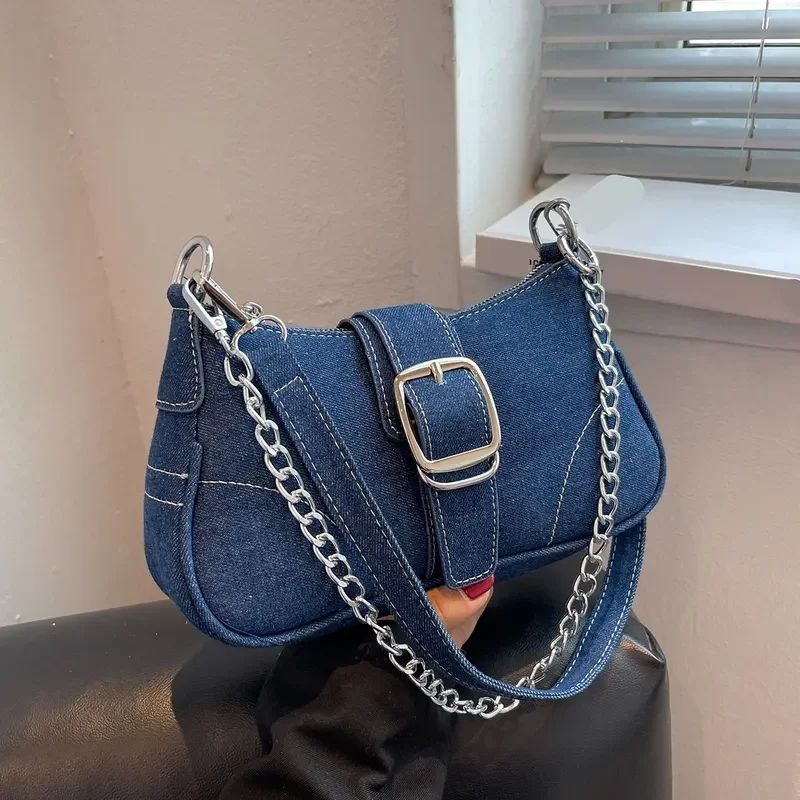 RetroChic Y2K Denim Baguette Shoulder Bag Trendy Womens Crossbody Mini Jeans Purse 7