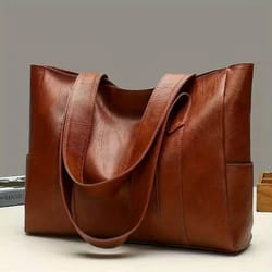 retrovogue large capacity pu leather tote bag | vintage women's commuter shoulder handbag with zipper pocket