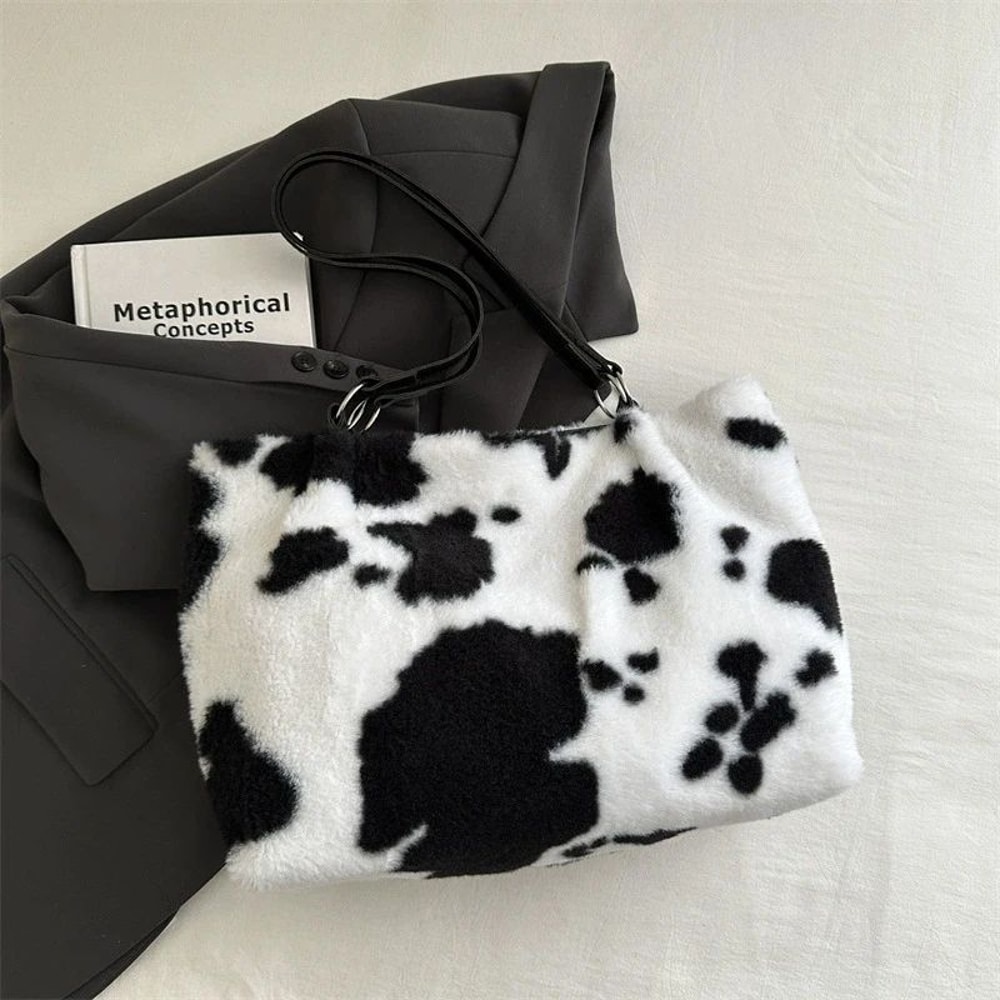 CozyMoo Plush Cow Print Large Capacity Tote Bag Womens Winter Shoulder Shopper Handbag With Zipper 2