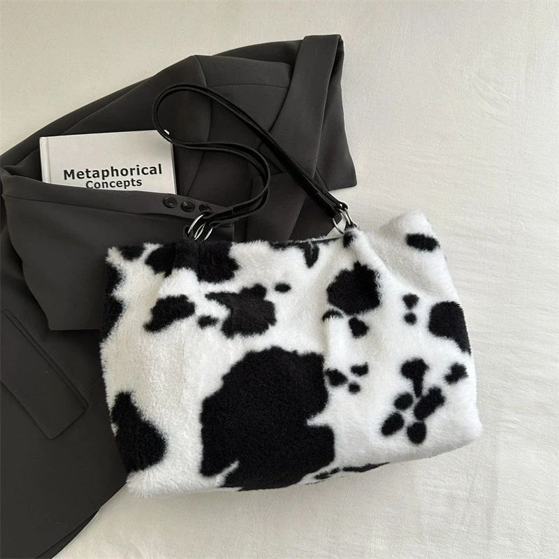 CozyMoo Plush Cow Print Large Capacity Tote Bag Womens Winter Shoulder Shopper Handbag With Zipper 2