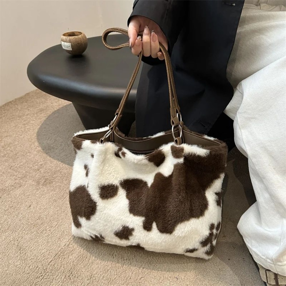 CozyMoo Plush Cow Print Large Capacity Tote Bag Womens Winter Shoulder Shopper Handbag With Zipper 4
