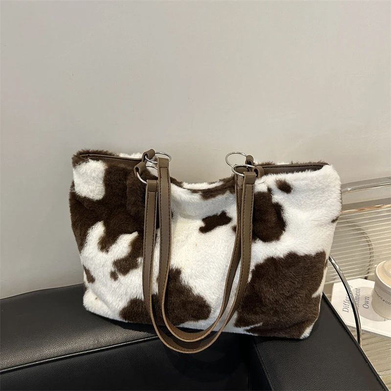 CozyMoo Plush Cow Print Large Capacity Tote Bag Womens Winter Shoulder Shopper Handbag With Zipper 7