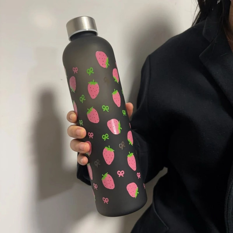338oz Strawberry Pattern Water Bottle LeakProof Reusable Portable Drink Bottle With Lid 1