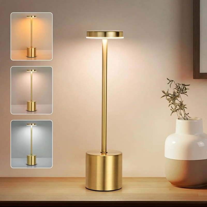 Cordless Touch LED Metal Table Lamp Rechargeable 3Color Dimmable Ambient Light For Bedside Outdoo 0