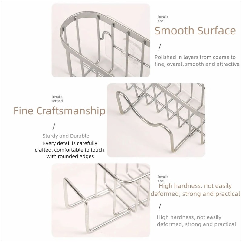 Stainless Steel Sink Sponge Holder Rack Suction Cup Adhesive Kitchen Organizer With Fast Drainage 3