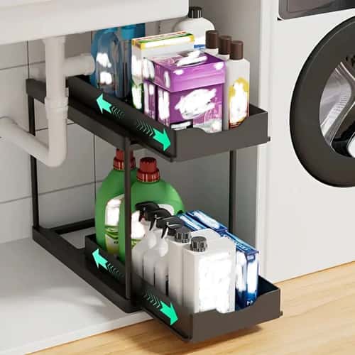 Double-Layer Pull-Out Under Sink Organizer – Sliding Storage Rack with Hooks for Kitchen & Bathroom